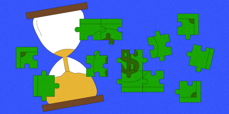 Illustration of hourglass and puzzle pieces combining to create a dollar bill