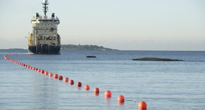 A submarine telecommunications cable being laid on the bottom of the Baltic Sea