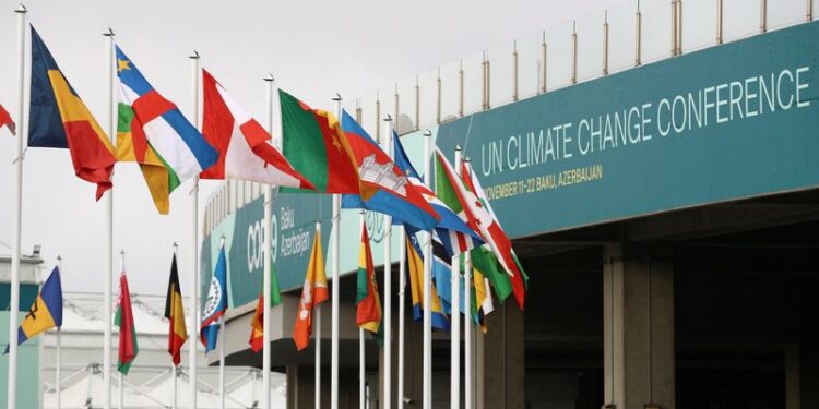 © Reuters. Flags fly near a venue of the COP29 United Nations climate change conference, in Baku, Azerbaijan November 20, 2024. REUTERS/Aziz Karimov