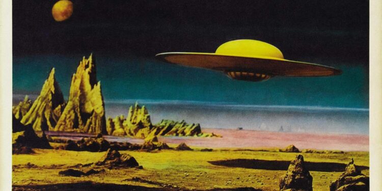 A Hollywood promo image for a sci-fi film depicting a flying saucer