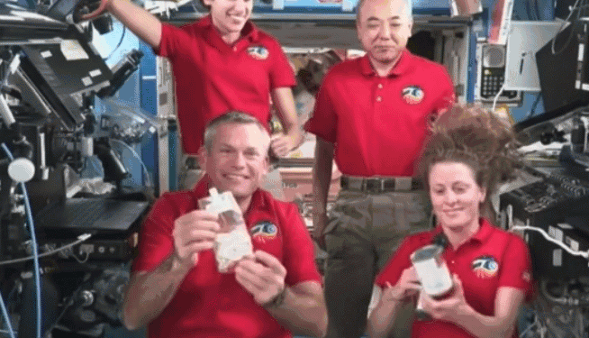 The crew on the International Space Station celebrates Thanksgiving. Credit: NASA