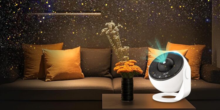 Fussion Planetarium Projector on a table projecting stars onto a living room wall