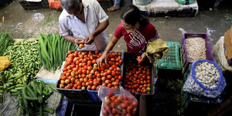 © Reuters. FILE PHOTO: A woman selects tomatoes from a vegetable vendor, at a wholesale market in Navi Mumbai, India August 4, 2023. REUTERS/Francis Mascarenhas//File Photo