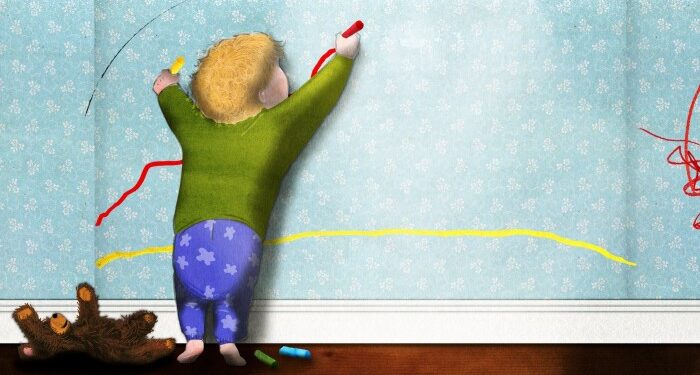 Ann Kiernan illustration of a small child drawing a graph on a wall with crayons