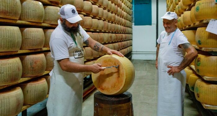 Workers use a little hammer to check the quality of the Parmigiano Reggiano cheese