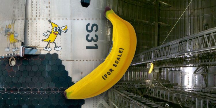 photo collage showing a plush banana toy in front of a silver spacecraft, which has a cartoon banana painted on its side