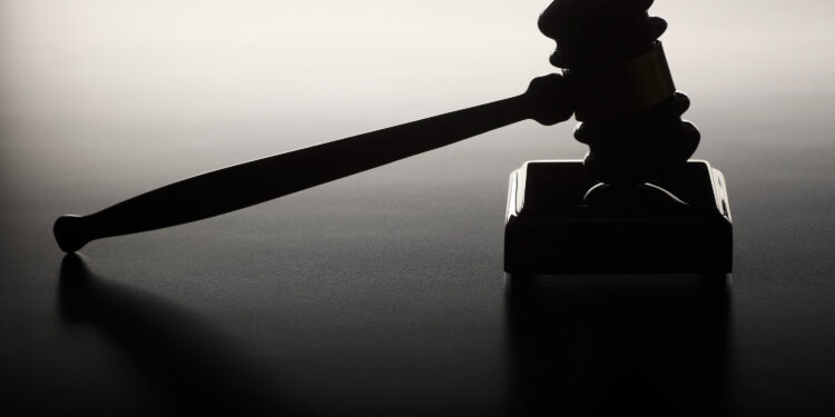 A photo of a gavel resting on its block in silhouette.