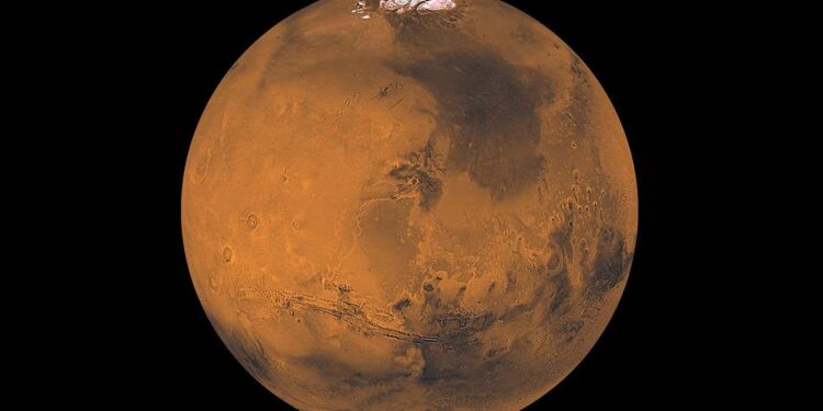 Image of Mars showing the Acidalia Planitia as a darker region towards the top right