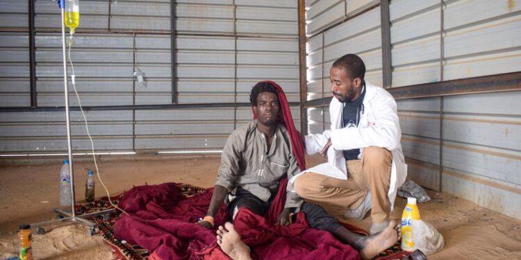 © Reuters. Dr Moussa Bagayoko examines Moussa Diallo, who suffers from diphtheria, at a local clinic in Tinzaouaten, northern Mali November 6, 2024. REUTERS/ Abdolah Ag Mohamed