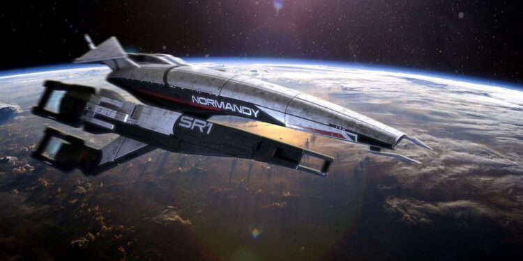 Mass Effect Normandy SR1 spaceship flying over a planet.