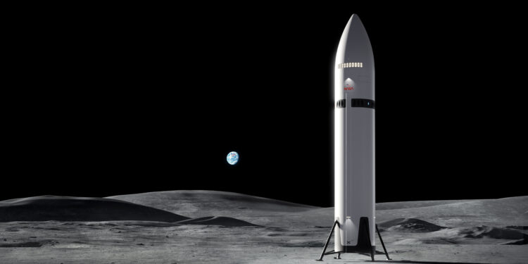 An artistâ€™s concept of SpaceXâ€™s Starship Human Landing System (HLS) on the Moon. NASA is working with SpaceX to develop the Starship HLS to carry astronauts from lunar orbit to the Moonâ€™s surface and back for Artemis III and Artemis IV. Starship HLS is roughly 50 meters tall, or about the length of an Olympic swimming pool.