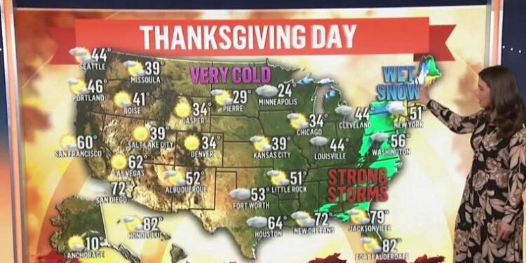 Rain and snow working across the Northeast on Thanksgiving Day