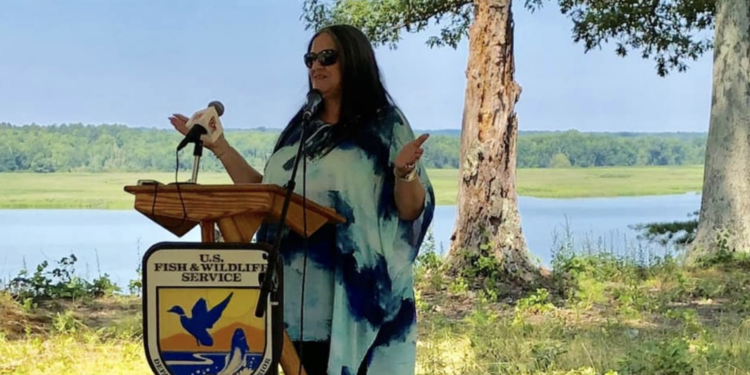 Rappahannock Chief Anne Richardson speaks at Fones Cliffs by the Rappahannock River. Photo courtesy of USFWS, Public Domain.