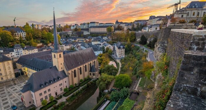 A colourful view of the Luxembourg Skyline at sunset