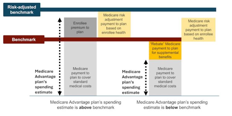 Two sets of stacked boxes sit below a vertical bar labeled Risk-Adjusted Benchmark. A vertical line bisecting the boxes is labelled what Medicare would actually spend on an enrollee in traditional Medicare