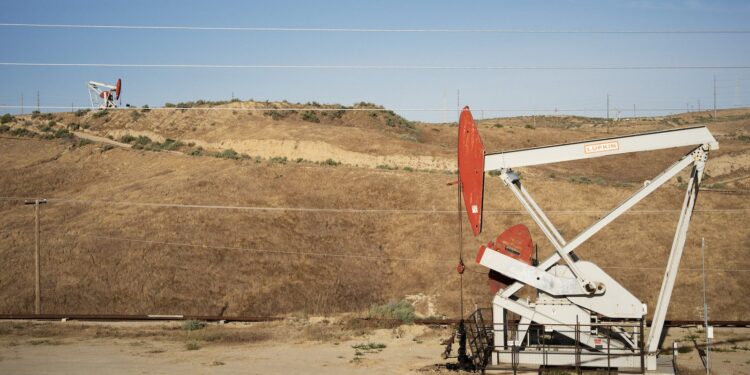 Oil pump jacks at the Elk Hills oil field in Kern County, California.