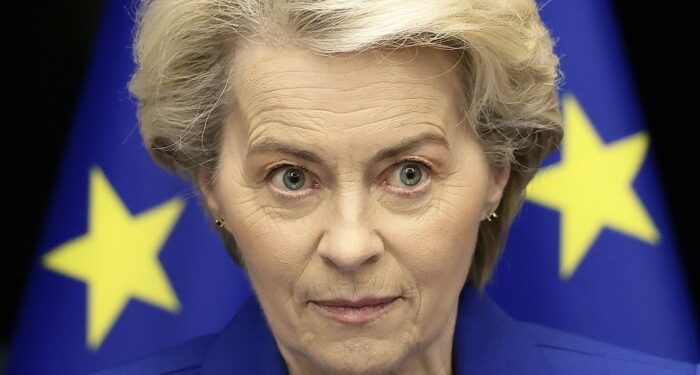 Ursula von der Leyen is seen in front of an EU flag