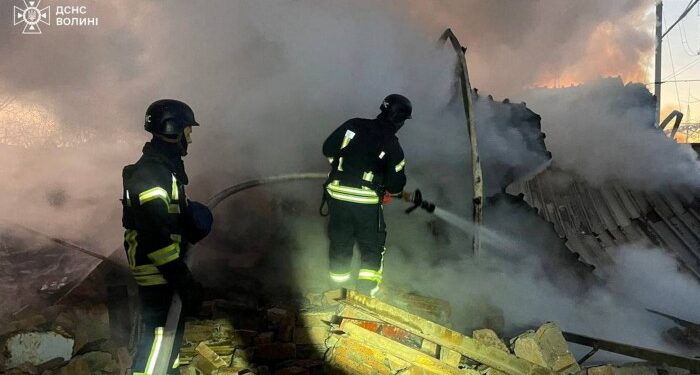 Firefighters at the site of a missile strike in Ukraine’s Volyn region on November 28 2024