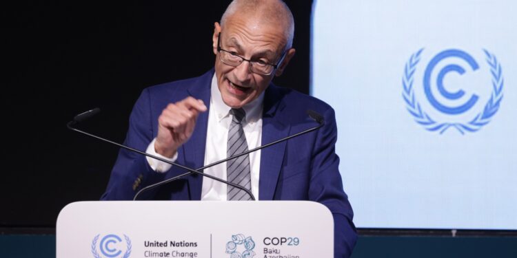 John Podesta, the U.S. Senior Advisor to the President for International Climate Policy, speaks to the media on the opening day of the UNFCCC COP29 Climate Conference on November 11, 2024 in Baku, Azerbaijan.