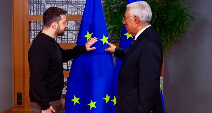 Ukrainian President Volodymyr Zelenskyy, left, and EU Council president António Costa during meetings in Brussels yesterday