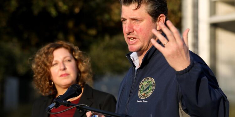 California Assemblymember Pilar Schiavo listens as California Senator Henry Stern speaks.