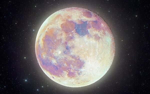 Creative photo illustration, highly detailed colorful "Supermoon" Pink Moon image with a star field background