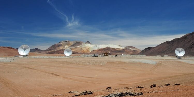 Three Alma antennas on the 5000-metre altitude plateau of Chajnantor in Chile.