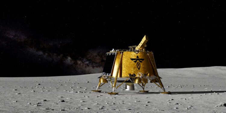 a gold-foiled fixed-leg lander probe stands on a grey semi rocky surface beneath a black sky.