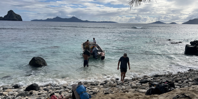 Gear and equipment arriving on Kamaka Island, French Polynesia for the restoration project.  Image courtesy of Austin Hall/Island Conservation.