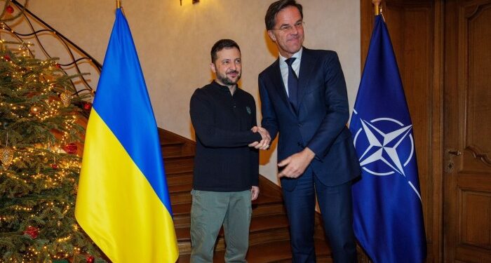 Nato secretary-general Mark Rutte, right, meets Ukrainian President Volodymyr Zelenskyy in Brussels