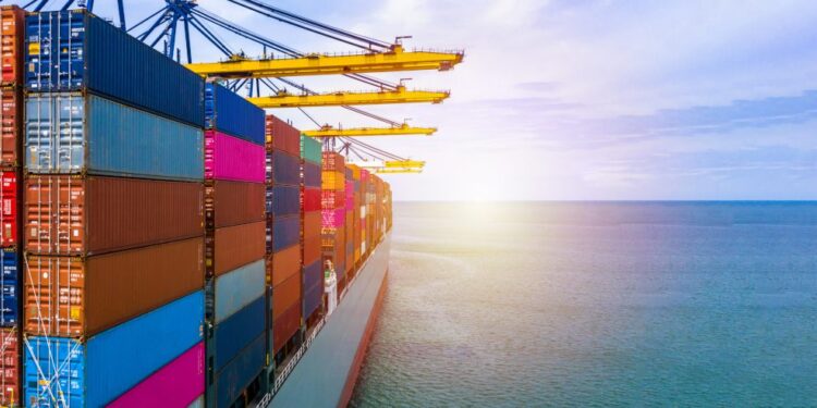 Illustration depicting the viewpoint alongside a container ship, with coloured cuboidal containers stacked on deck and dazzling sunburst on the horizon