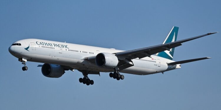 A Cathay Pacific flights prepares for landing in Beijing on October 22, 2024.