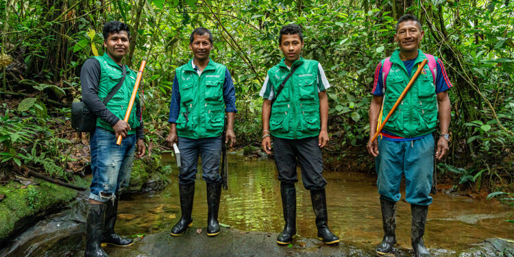 Yeferson, José Jarol, Camilo and Ruber, members of the Guardians of the Territory, during a pause in patrol. Image © CEMI/Samuel Monsalve.