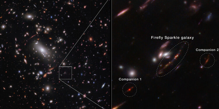 split image showing many bright points on the left, stars and galaxies, with a white box around a faint object, enlarged on the right as a blurry stream of lights circled in a white dotted line.