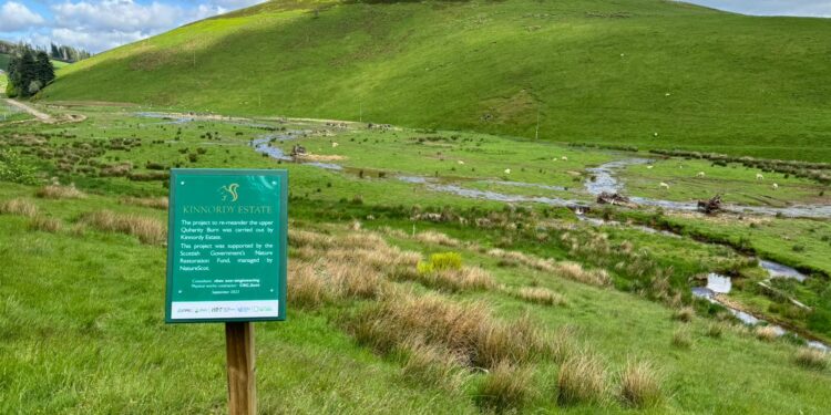 Scottish moorland with small hill or elevation in the background and in the foreground a printed sign identifying this as the area of the Quharity burn restoration project