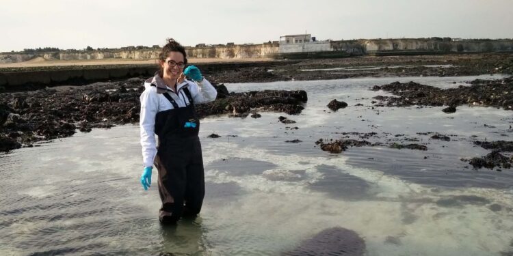 A person standing in knee-deep water, holding a starfish.