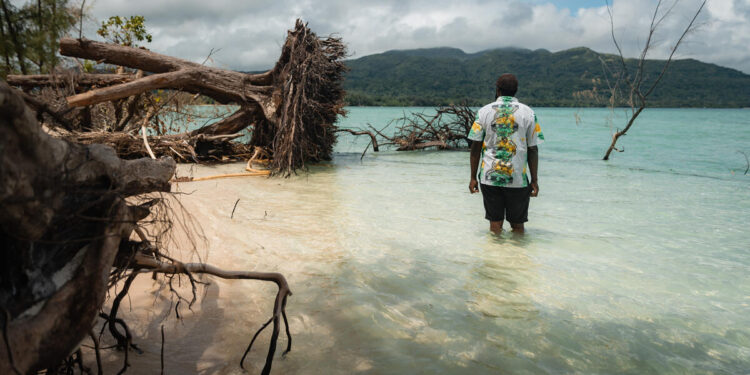 Coastal Erosion on Kakula Island. A local man observes coastal erosion on Kakula Island. © Niki Kuautonga / Greenpeace