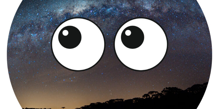 night sky graphic showing the milky way along the top of the circle with a pair of cartoon eyes in the center of the image.