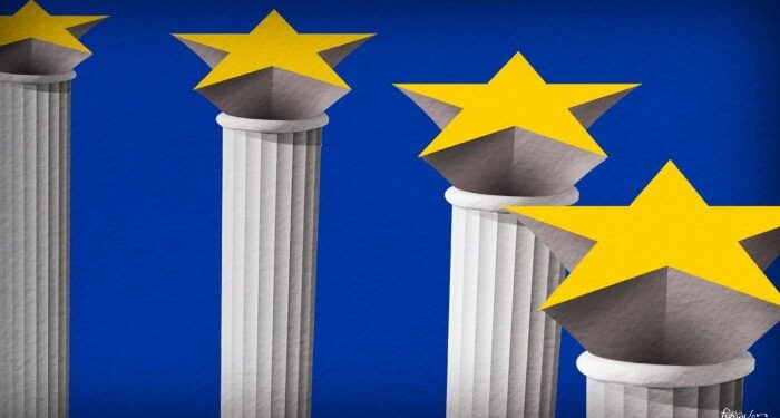 James Ferguson illustration of classical Greek columns with characteristics from the EU flag surrounding them