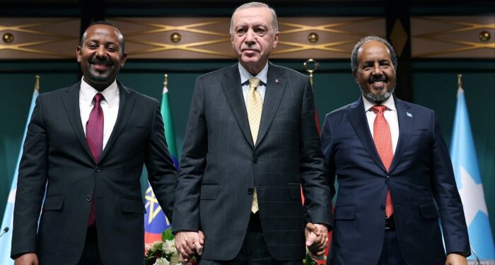 Turkey’s President Recep Tayyip Erdoğan, centre, with Ethiopia’s Prime Minister Abiy Ahmed, left, and Somalia’s President Hassan Sheikh Mohamud following a press conference in Ankara, Turkey