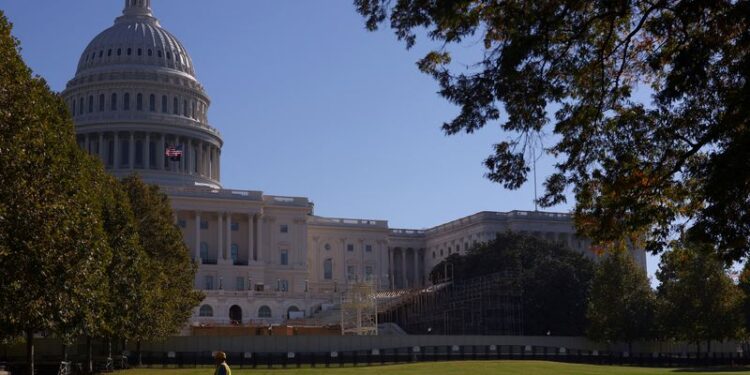 © Reuters. FILE PHOTO: The inaugural platform is seen under construction in front of the U.S. Capitol building in Washington, US, October 31, 2024. REUTERS/Hannah McKay/File Photo